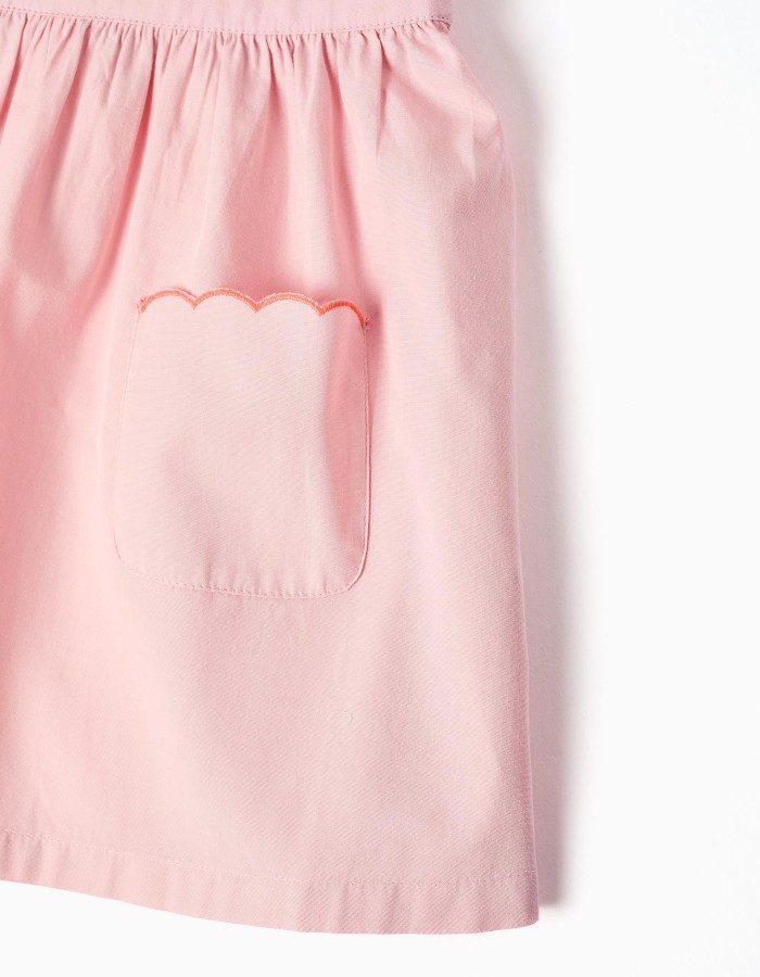 Poplin dress with ruffled collar and sleeves for baby girls, pink