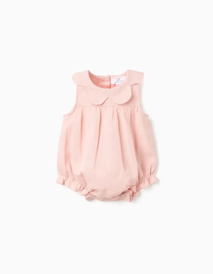 Cotton and linen romper with ruffles B&S for newborn girls, light pink