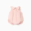 Cotton and linen romper with ruffles B&S for newborn girls, light pink