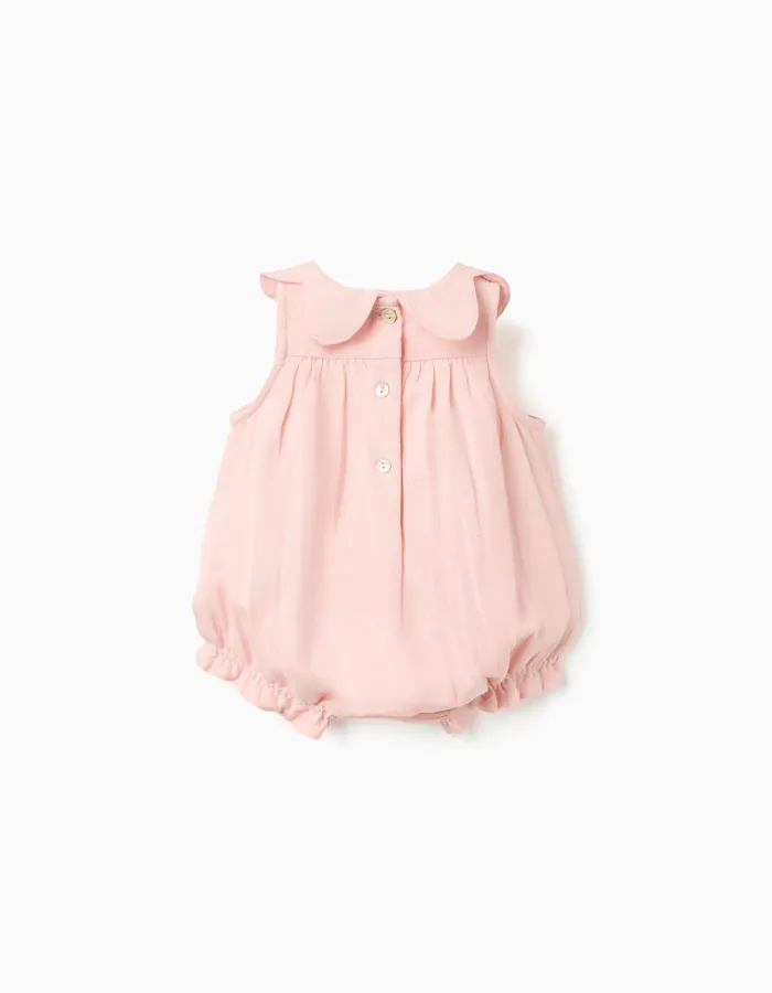 Cotton and linen romper with ruffles B&S for newborn girls, light pink