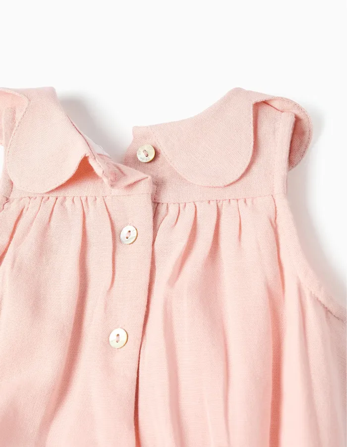 Cotton and linen romper with ruffles B&S for newborn girls, light pink
