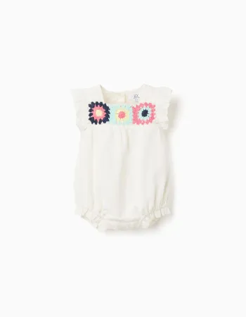 Cotton and linen romper with crochet for newborn girls, white
