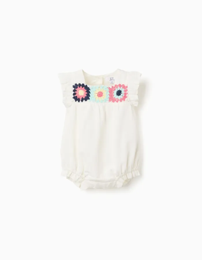 Cotton and linen romper with crochet for newborn girls, white