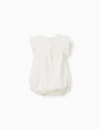 Cotton and linen romper with crochet for newborn girls, white