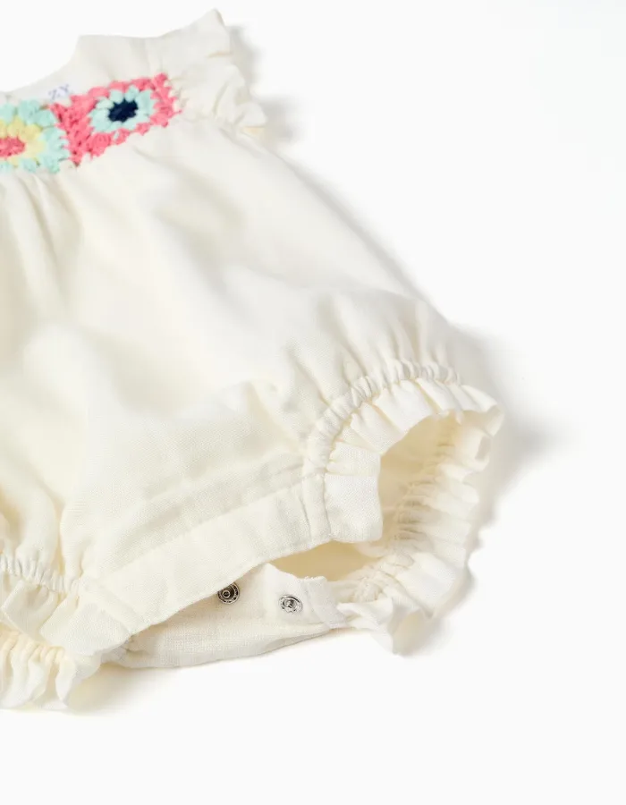 Cotton and linen romper with crochet for newborn girls, white