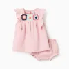Dress and bloomers in cotton and linen for newborn girls, light pink
