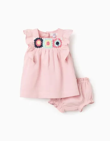 Dress and bloomers in cotton and linen for newborn girls, light pink