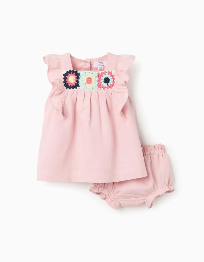 Dress and bloomers in cotton and linen for newborn girls, light pink