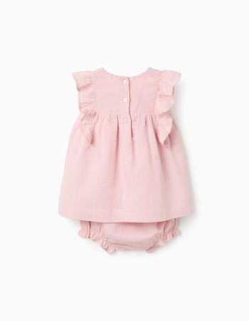 Dress and bloomers in cotton and linen for newborn girls, light pink