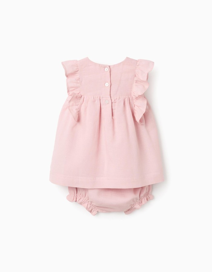 Dress and bloomers in cotton and linen for newborn girls, light pink