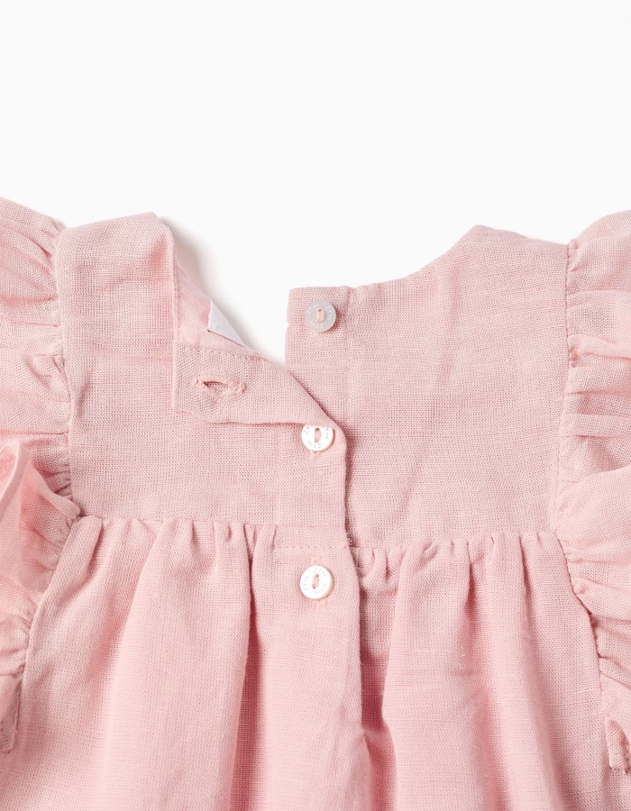 Dress and bloomers in cotton and linen for newborn girls, light pink