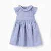 Poplin dress with floral motif and ruffles for baby girls, blue