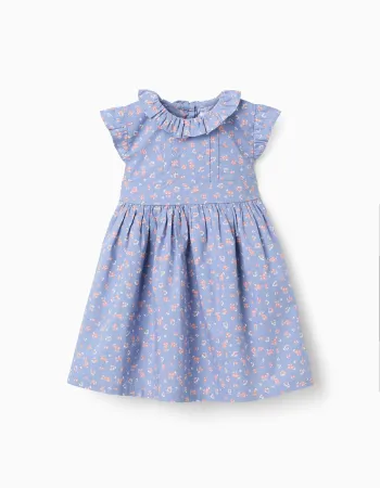 Poplin dress with floral motif and ruffles for baby girls, blue