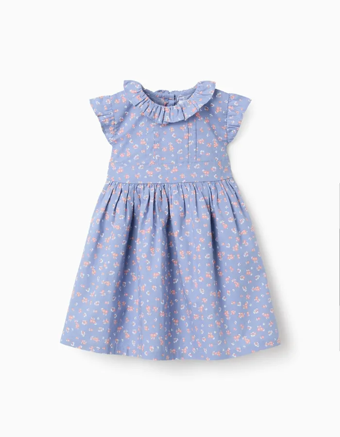 Poplin dress with floral motif and ruffles for baby girls, blue