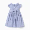 Poplin dress with floral motif and ruffles for baby girls, blue