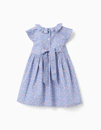 Poplin dress with floral motif and ruffles for baby girls, blue
