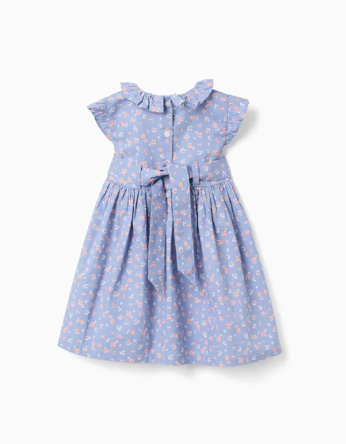 Poplin dress with floral motif and ruffles for baby girls, blue