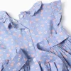 Poplin dress with floral motif and ruffles for baby girls, blue