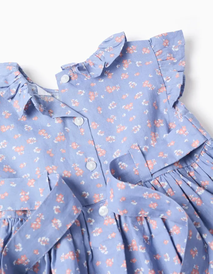 Poplin dress with floral motif and ruffles for baby girls, blue