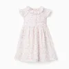 Poplin dress with floral motif and ruffles for baby girls, white