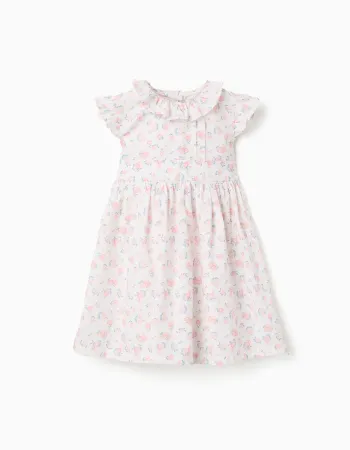 Poplin dress with floral motif and ruffles for baby girls, white
