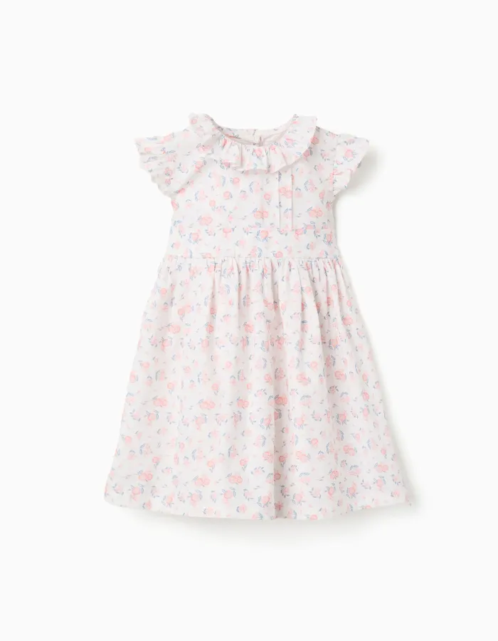 Poplin dress with floral motif and ruffles for baby girls, white