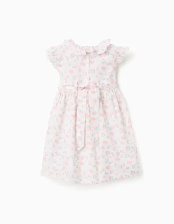 Poplin dress with floral motif and ruffles for baby girls, white