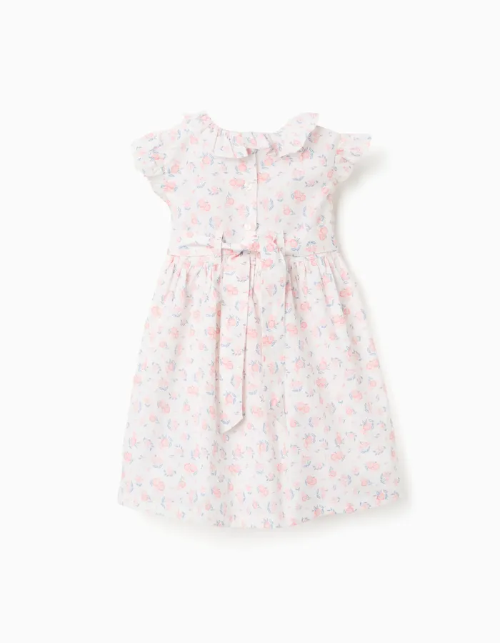Poplin dress with floral motif and ruffles for baby girls, white