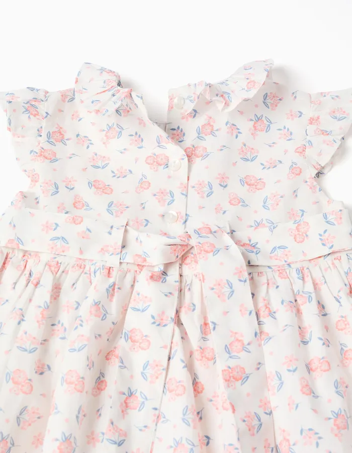 Poplin dress with floral motif and ruffles for baby girls, white