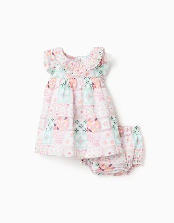 Cotton dress + bloomers with tile motif for newborn girls, multicolour
