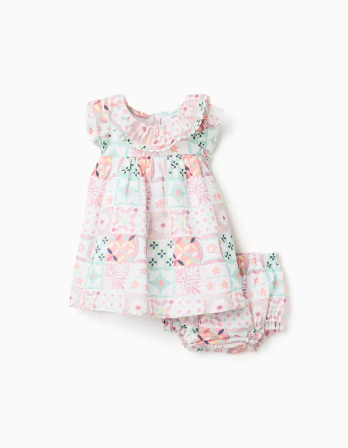 Cotton dress + bloomers with tile motif for newborn girls, multicolour