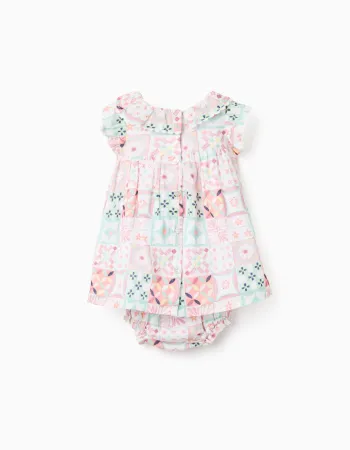 Cotton dress + bloomers with tile motif for newborn girls, multicolour