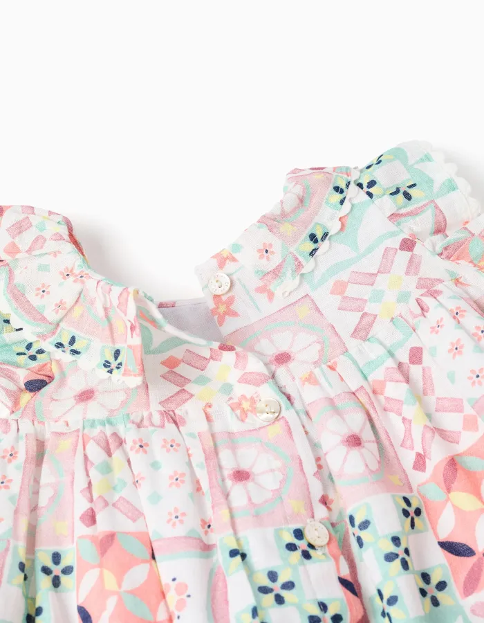 Cotton dress + bloomers with tile motif for newborn girls, multicolour