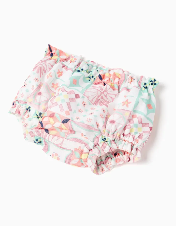 Cotton dress + bloomers with tile motif for newborn girls, multicolour