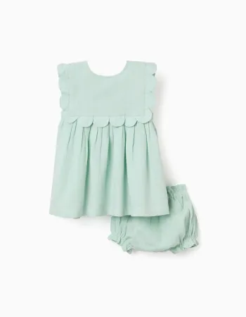Dress and bloomers in cotton and linen for newborn girls, light green