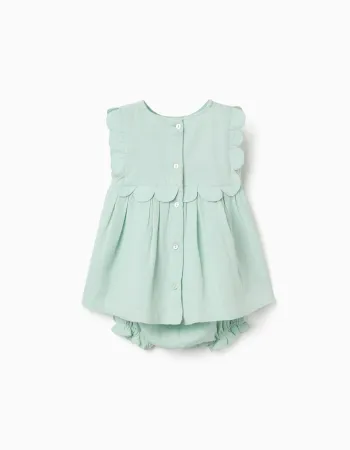 Dress and bloomers in cotton and linen for newborn girls, light green