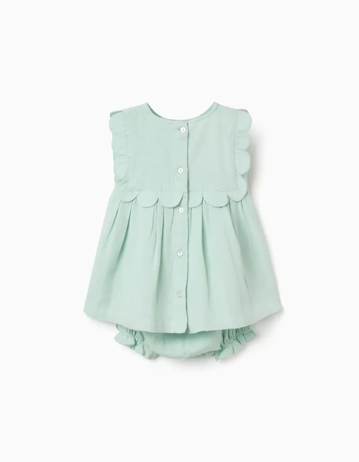 Dress and bloomers in cotton and linen for newborn girls, light green
