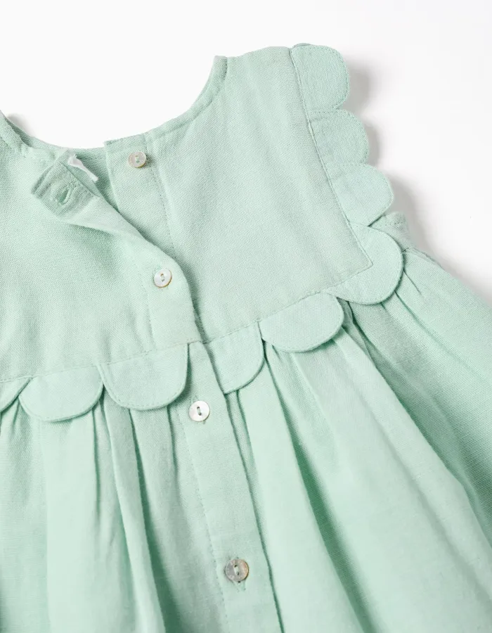 Dress and bloomers in cotton and linen for newborn girls, light green