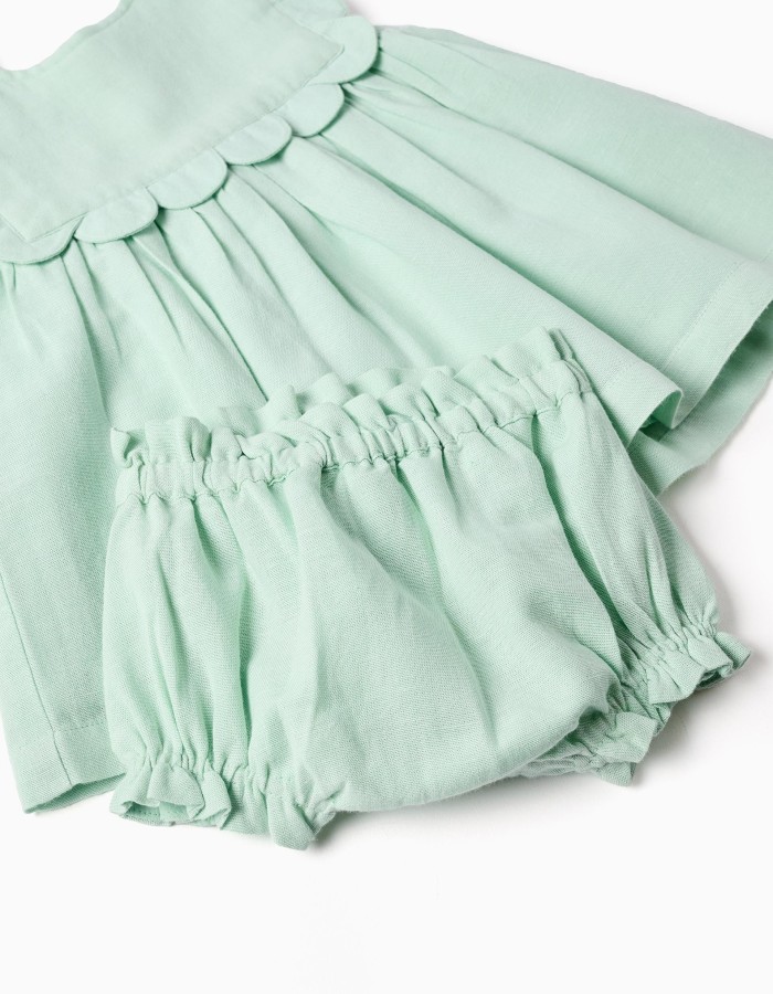 Dress and bloomers in cotton and linen for newborn girls, light green