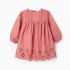 Long sleeve poplin dress with broderie anglaise for baby girls, pink