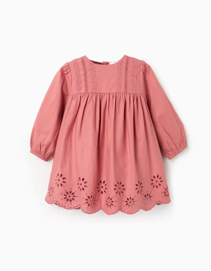 Long sleeve poplin dress with broderie anglaise for baby girls, pink