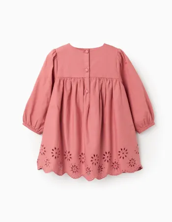Long sleeve poplin dress with broderie anglaise for baby girls, pink