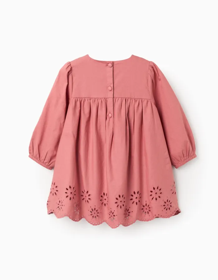 Long sleeve poplin dress with broderie anglaise for baby girls, pink