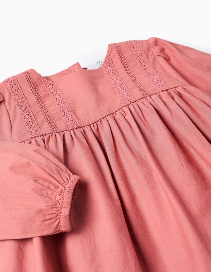 Long sleeve poplin dress with broderie anglaise for baby girls, pink