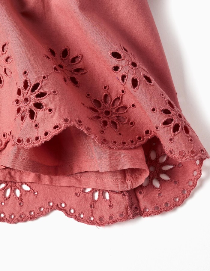 Long sleeve poplin dress with broderie anglaise for baby girls, pink