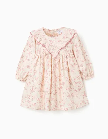 Long sleeve floral dress with lining for baby girls, light beige/pink