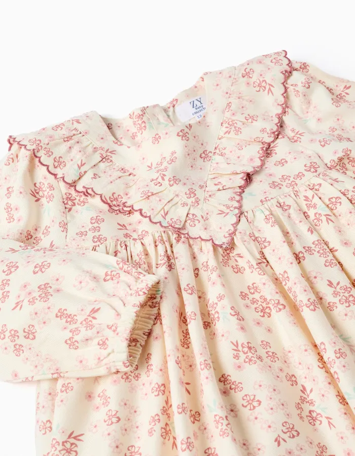 Long sleeve floral dress with lining for baby girls, light beige/pink