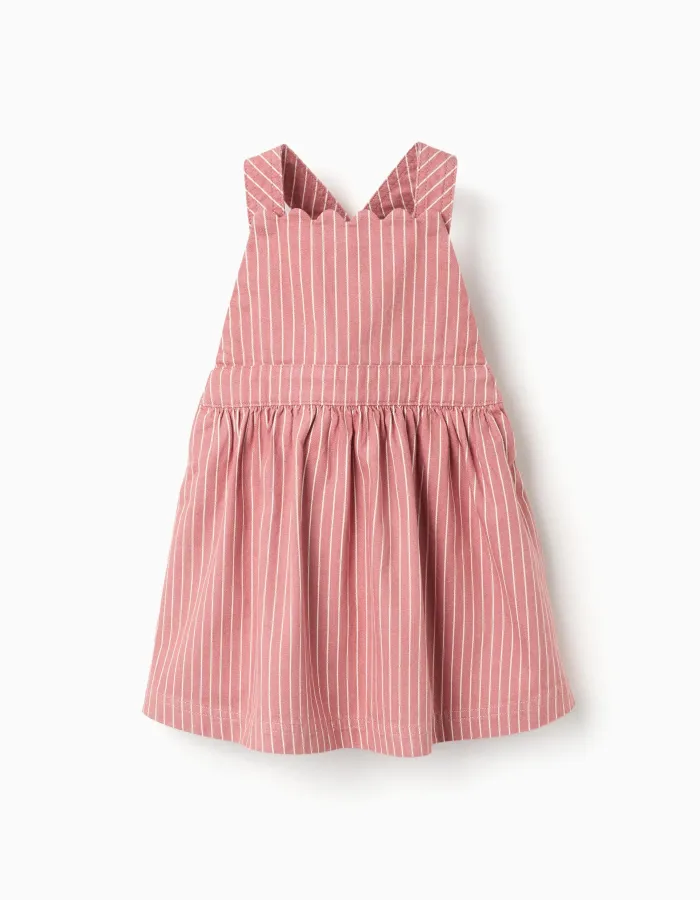 Twill pinafore dress with stripes for baby girls, pink/white