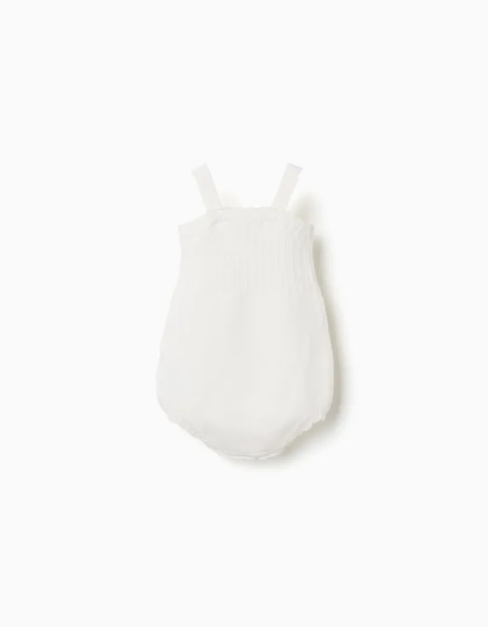 Cotton knitted romper with openwork detail for newborn girls, white
