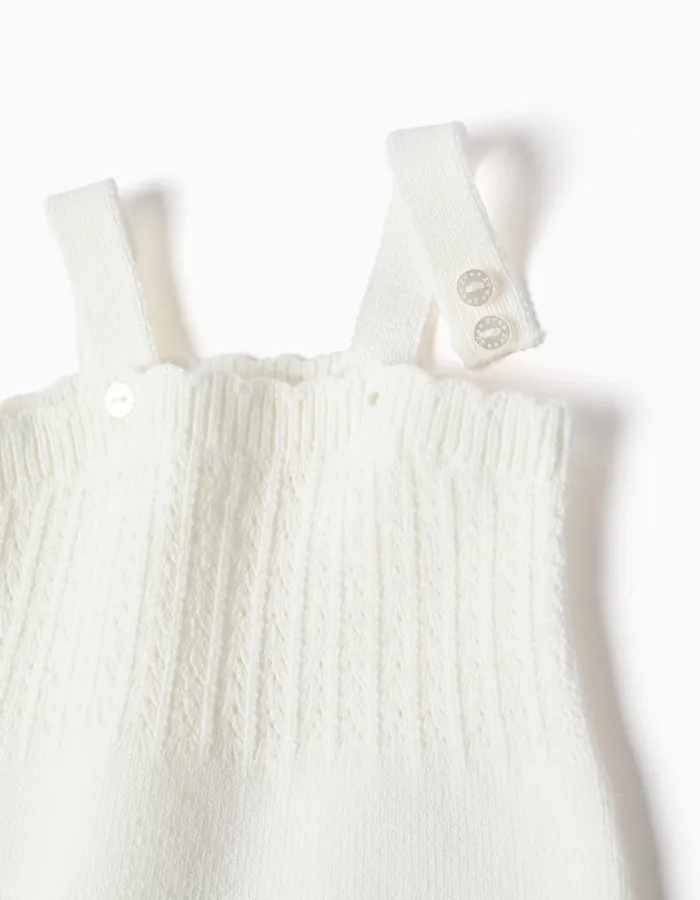 Cotton knitted romper with openwork detail for newborn girls, white